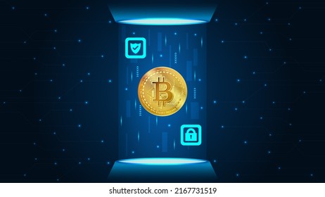 Cryptocurrency security concept illustration. Bitcoin and security icons in hologram portal.  Cryptocurrency illustration for banner, website, ads, landing page, flyer template.