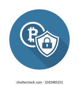 Cryptocurrency Security Icon. Modern computer network technology sign. Digital graphic symbol. BTC Coin and Shield with Padlock. Concept design elements.