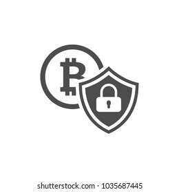Cryptocurrency Security Icon. Modern computer network technology sign. Digital graphic symbol. BTC Coin and Shield with Padlock. Concept design elements.