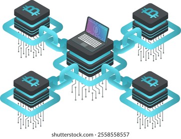 Cryptocurrency servers with bitcoin symbol connected by blockchain links to laptop showing bitcoin symbol on screen, concept of mining and trading crypto currency