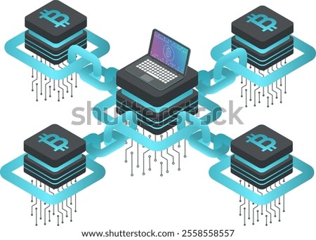 Cryptocurrency servers with bitcoin symbol connected by blockchain links to laptop showing bitcoin symbol on screen, concept of mining and trading crypto currency