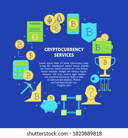 Cryptocurrency services round concept poster in flat style with place for text. Virtual currency banner with alternative coins symbols. Vector illustration.