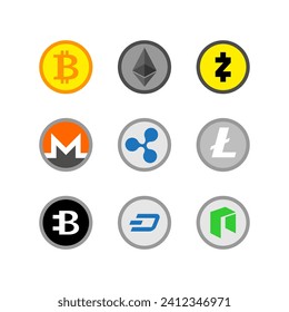 Cryptocurrency set. Bitcoin and Ethereum, Monero and Litecoin.