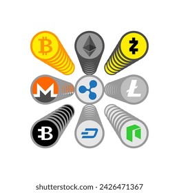 Cryptocurrency set. Bitcoin and Ethereum, Monero and Litecoin.