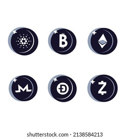 Cryptocurrency set coin. Bitcoin, Etherium, Doge, Monero, etc. crypto currency simbols. Cryptocurrency sign, Vector illustration