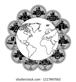 cryptocurrency set coins around the planet