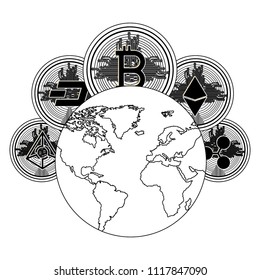 cryptocurrency set coins and world planet