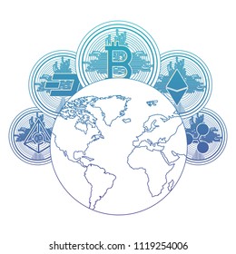 cryptocurrency set coins and world planet