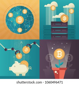 Cryptocurrency - set of colorful flat design style infographics elements. High quality metaphorical collection of four images with bitcoin symbols, piggy bank, business growth, cloud computing, globe