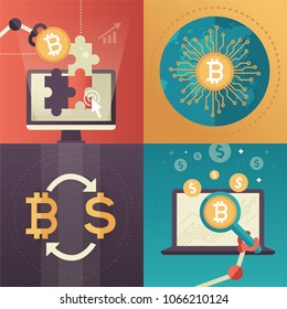 Cryptocurrency - set of colorful flat design style infographics elements. High quality metaphorical collection with bitcoin symbols, computer, money exchange, mining rig, magnifying glass, income