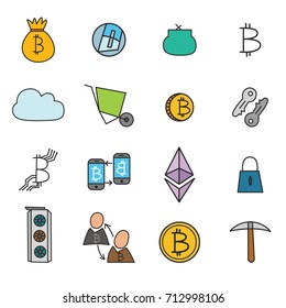 Cryptocurrency set of doodle icons with bitcoin and ethereum, wallet, mining elements, transaction security isolated vector illustration