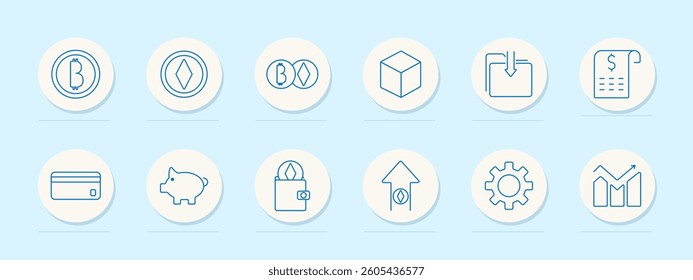 Cryptocurrency set icon. Bitcoin, ethereum, wallet, coin, box, invoice, download, transaction, gear, up arrow, chart, secure, credit card, finance, analytics, security