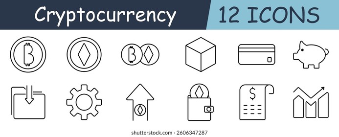 Cryptocurrency set icon. Bitcoin, ethereum, tokens, blockchain, card, piggy, folder, gear, growth, wallet, receipt, statistic, system
