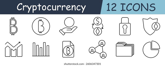 Cryptocurrency set icon. Bitcoin, ethereum, lock, protection, file, chart, document, shield, user, statistics, exchange, blockchain, graph