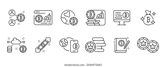 Symbol für Kryptowährungssatz. Bitcoin, p2p, Weltmarkt, Investitionen, Wachstum, Artikel, Erträge, Cloud-Dienste, Protokoll, Blockchain, Zahlungssystem, Nr. 1. Vektorliniensymbol auf weißem Hintergrund.