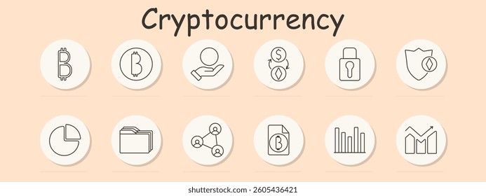 Cryptocurrency set icon. Bitcoin, user hand, currency exchange, lock, shield, pie chart, folder, network, document, bar chart, representing security and financial tracking