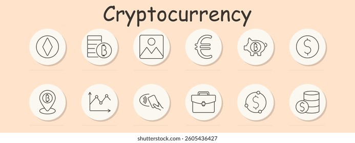 Cryptocurrency set icon. Coin, bitcoin, NFT, euro, dollar, piggy bank, location, graph, contactless, briefcase, wallet, exchange, investment, finance, saving