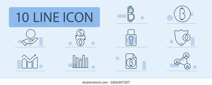 Cryptocurrency set icon. Digital asset, blockchain, security, finance, trading, network, data, file, analysis, token, privacy, transaction, statistic, connection