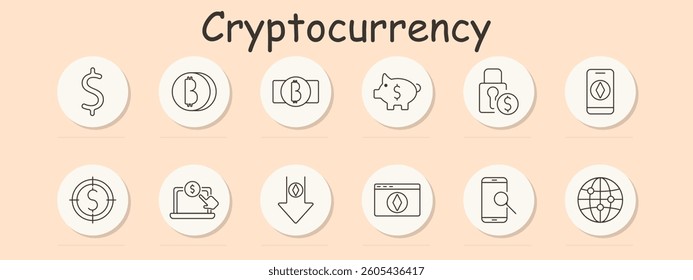 Cryptocurrency set icon. Dollar, bitcoin, piggy, lock, smartphone, chart, laptop, payment, arrow, website, mobile search, global network, for digital savings and management