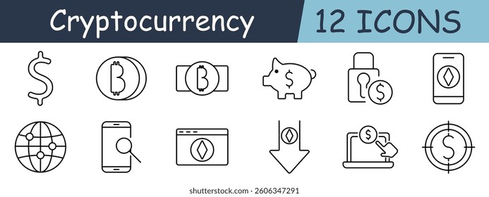 Cryptocurrency set icon. Dollar, bitcoin, mobile banking, piggy bank, wallet, globe, search, download, laptop, target, web, security, symbol