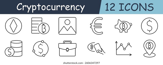 Cryptocurrency set icon. Ethereum, bitcoin, dollar, euro, piggy bank, transaction, payment, investment, chart, data, nfc, portfolio, finance