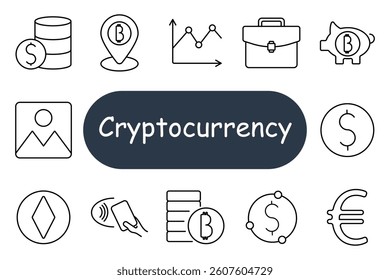 Cryptocurrency set icon. Simple line symbols of network globe, dollar in target, laptop with coin, browser window, secure lock, paper currency, phone app, downward arrow