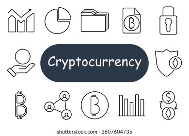 Cryptocurrency set icon. Simple line symbols of network globe, dollar in target, laptop with coin, browser window, secure lock, paper currency, phone app, downward arrow