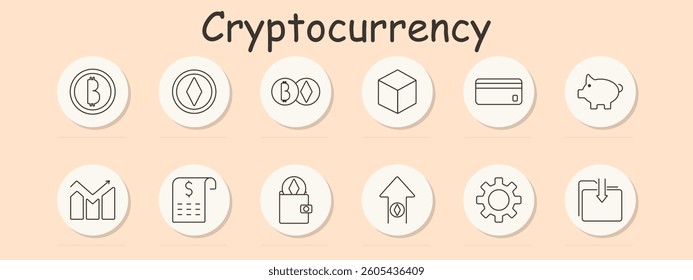 Cryptocurrency set icon. Tokens, cube, card, wallet, piggy, chart, document, gear, upload, settings, displaying blockchain, saving, and transaction setup