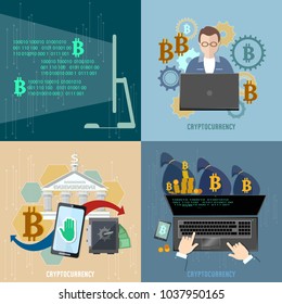 Cryptocurrency set. New Virtual money concept. New Virtual money concept. Bitcoin mining. Transactions, cashing in of virtual currency