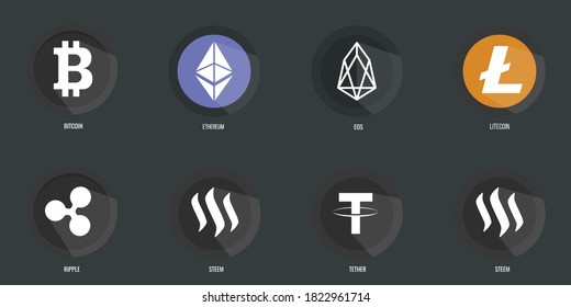Criptodivisa establecida en fondo oscuro. Dinero electrónico en el mercado de valores. Blockchain, ico, elemento fintech net banking. Ilustración creativa. Diseño artístico de moneda digital. Iconos vectores para imprimir y web.