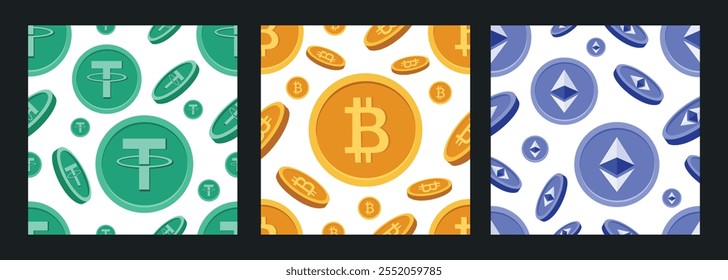 Cryptocurrency set of patterns with vibrant Bitcoin, Tether and Ethereum. Virtual vector currency in innovative blockchain cryptocurrency inspired concept. For crypto decor elements, blockchain design