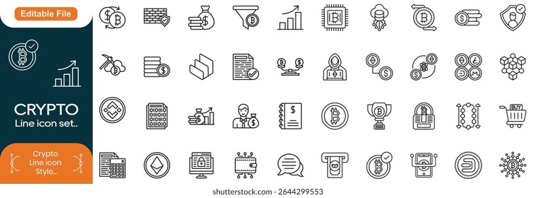 Cryptocurrency set of web icon in line style. Crypto technology and Blockchain icons for web and mobile app. Crypto currency, bitcoin, NFT, technology, decentralized finance, encryption, Line icon set