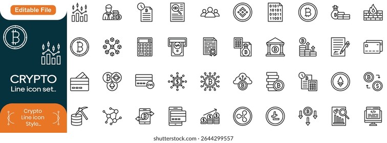 Cryptocurrency set of web icon in line style. Crypto technology and Blockchain icons for web and mobile app. Crypto currency, bitcoin, NFT, technology, decentralized finance, encryption, Line icon set