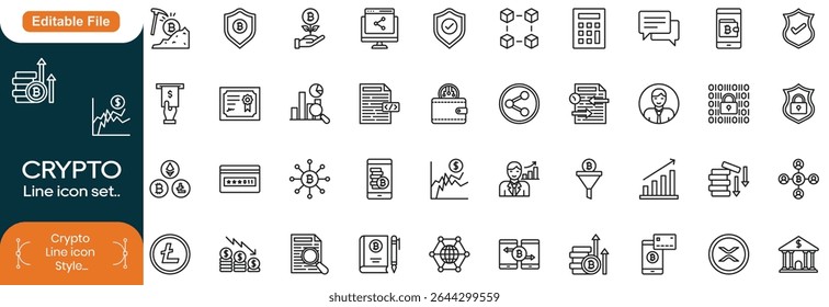 Cryptocurrency set of web icon in line style. Crypto technology and Blockchain icons for web and mobile app. Crypto currency, bitcoin, NFT, technology, decentralized finance, encryption, Line icon set