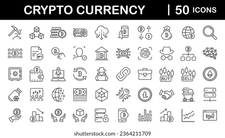 Conjunto de criptodivisa de iconos web en estilo de línea. Tecnología criptográfica e iconos de Blockchain para aplicaciones web y móviles. Moneda criptográfica, bitcoin, NFT, tecnología, financiación descentralizada, cifrado, token