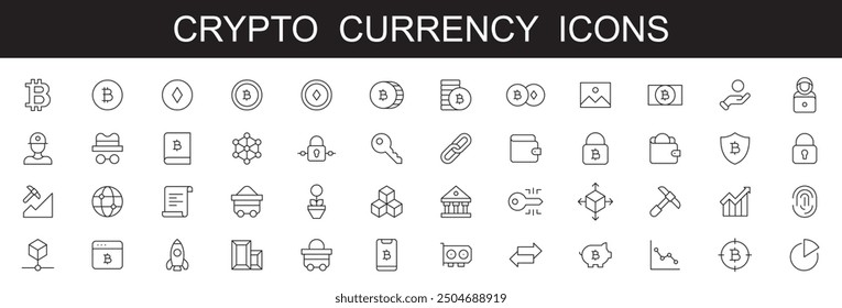 Cryptocurrency set of web icons in line style. Crypto technology and Blockchain icons for web and mobile app. Crypto currency, bitcoin, NFT, technology, decentralized finance, encryption, token