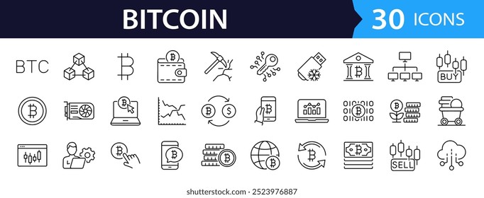 Cryptocurrency set of web icons in line style. Bitcoin linear icon collection. Containing crypto currency, money, blockchain technology, mining, exchange, payment and more. Editable stroke