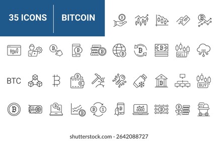Cryptocurrency set of web icons in line style. Bitcoin linear icon collection. Containing crypto currency, money, blockchain technology, mining, exchange, payment and more. Editable stroke
