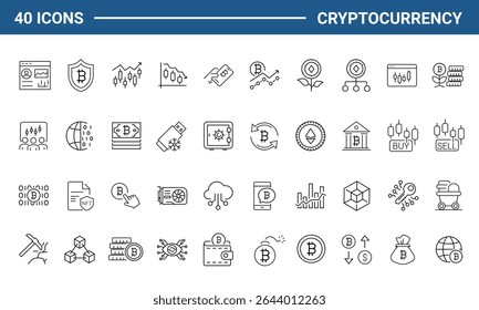 Conjunto de ícones da Web em estilo de linha criptomoeda. Tecnologia de criptografia e ícones Blockchain para web e aplicativo móvel. Moeda criptográfica, bitcoin, NFT, tecnologia, finanças descentralizadas, criptografia, token