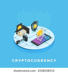 Cryptocurrency, shopping cart, wallet, mobile phone, shield and padlock are connected together on a circuit board, illustrating online shopping security and secure transactions