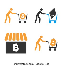 Cryptocurrency Shopping vector icon set. Style is bicolor flat symbols.