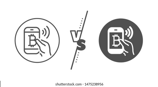 Cryptocurrency sign. Versus concept. Bitcoin mobile pay line icon. Crypto money symbol. Line vs classic bitcoin pay icon. Vector