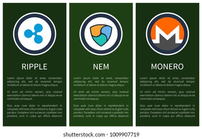 Cryptocurrency signs inside circles promo posters. Blue ripple, colorful nem and orange monero with sample text cartoon flat vector illustrations.