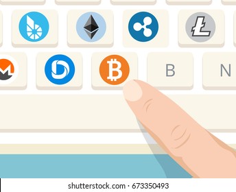 Cryptocurrency signs on computer keyboard