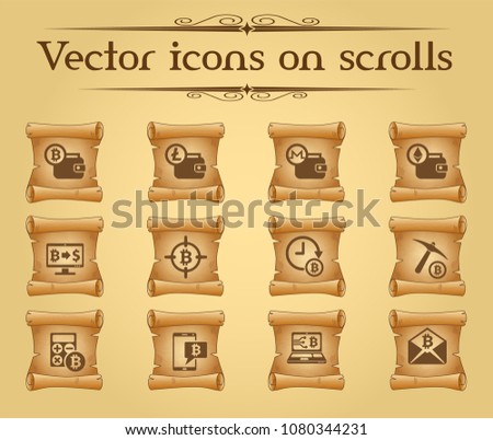 cryptocurrency simple vector icons on ancient scrolls