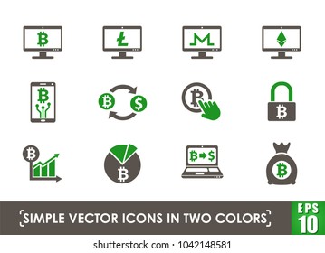 cryptocurrency simple vector icons in two colors