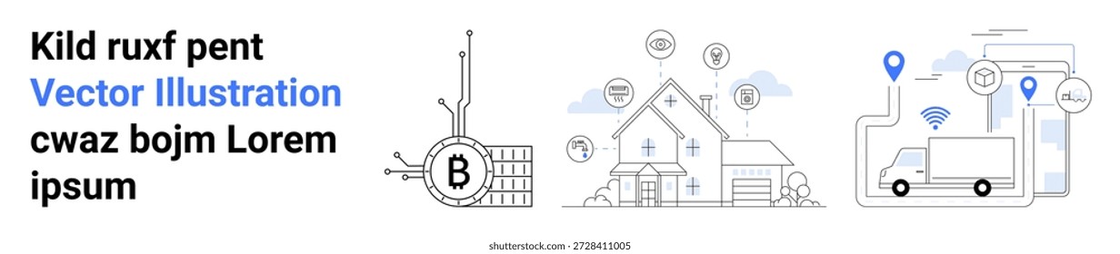 Criptomonedas, tecnología inteligente, logística, vivienda moderna, innovación, conectividad. Símbolo de blockchain, hogar inteligente y camión de entrega con iconos GPS. Criptomonedas y tecnología inteligente