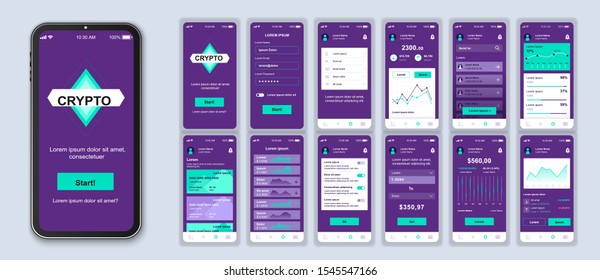 Cryptocurrency smartphone interface vector templates set. Financial app. Mobile wallet. Web page design layout. Pack of UI, UX, GUI screens for application. Phone display. Web design kit