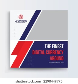 Cryptocurrency square banner template. Social banner with black, orange and blue color background. Flat design vector with photo collage. Usable for social media, story and web internet ads.