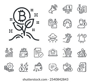 Signo de inicio de criptomonedas. Dinero en efectivo, préstamos e iconos de esquema de hipoteca. Icono de línea de Bitcoin. Símbolo de hoja criptográfica. Signo de línea de proyecto de Bitcoin. Tarjeta de crédito, icono de monedero cripto. Vector